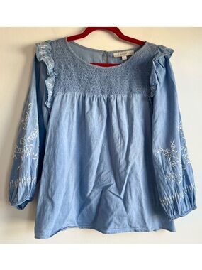 Loft Chambray Smocked Embroidered Ruffle Cotton Blouse Size L